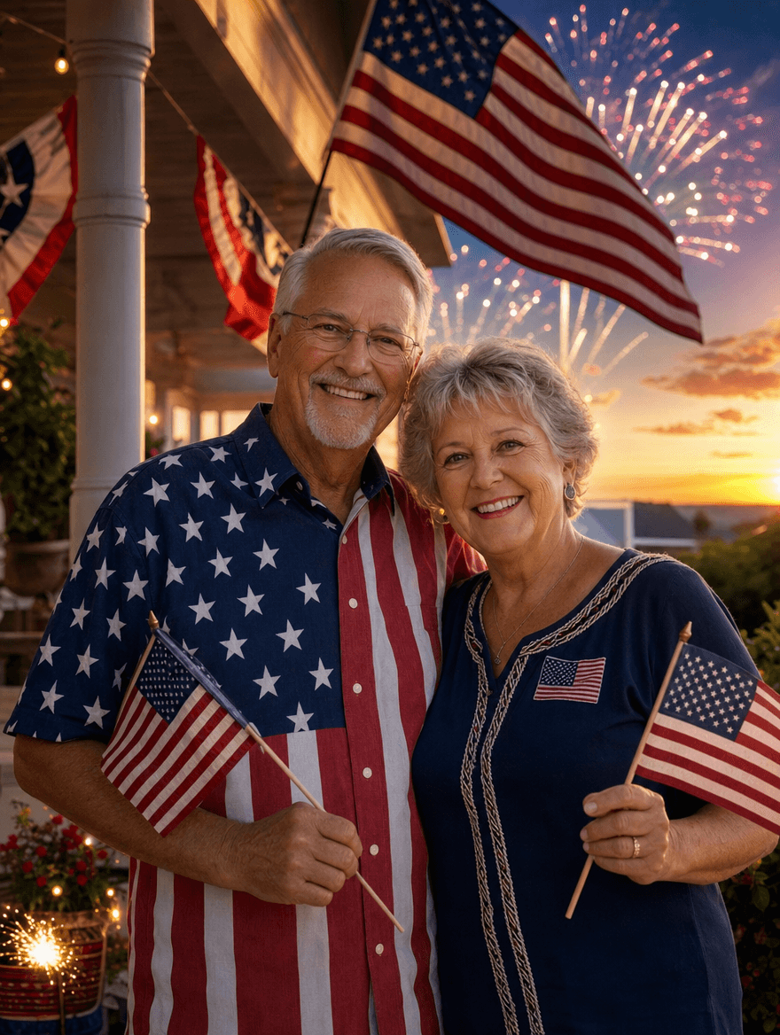 Adults on a porch in a festive Independence Day scene